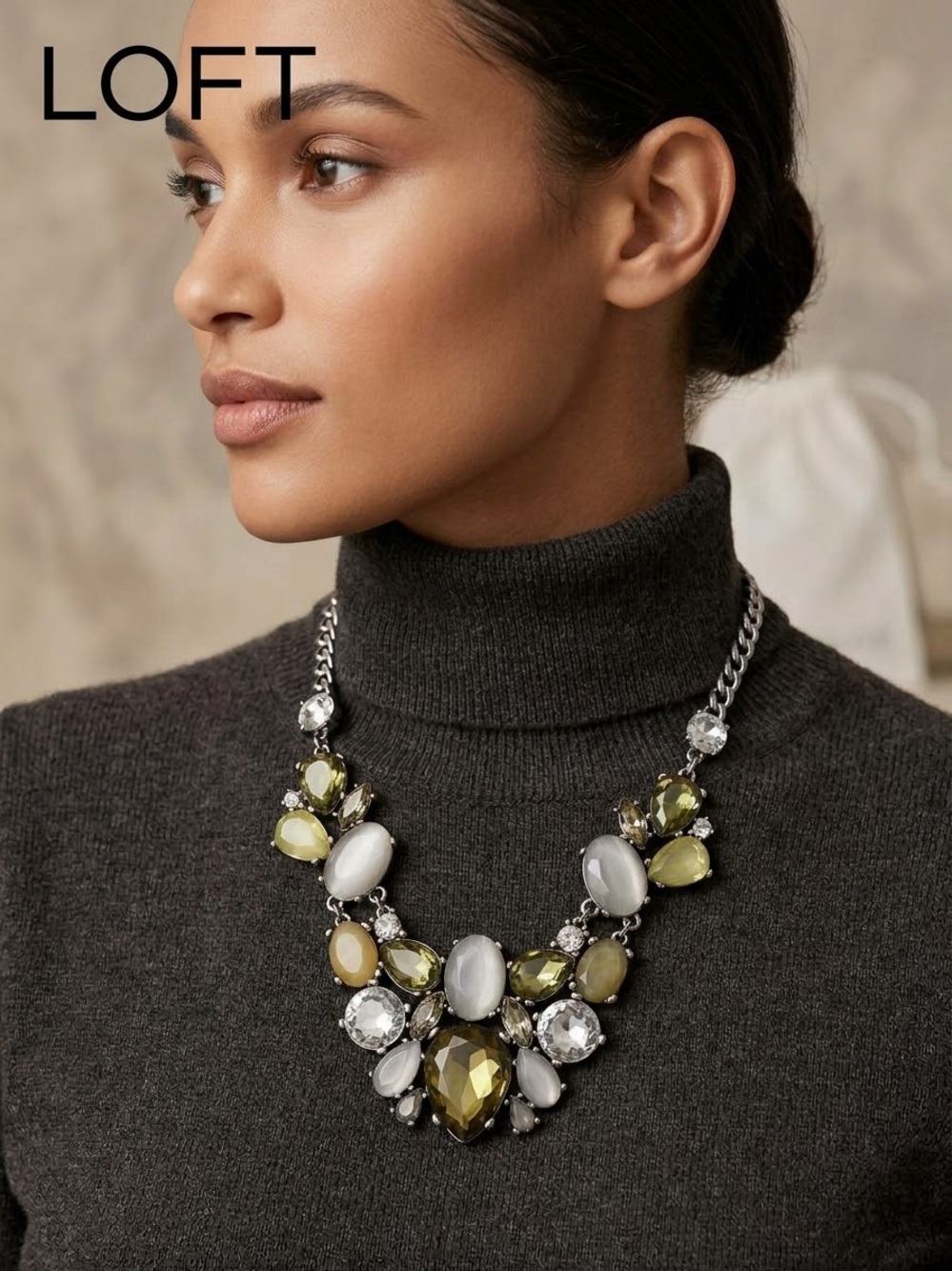 Ann Taylor Loft Silver Tone Rhinestone Collar Chunky Statement Necklace